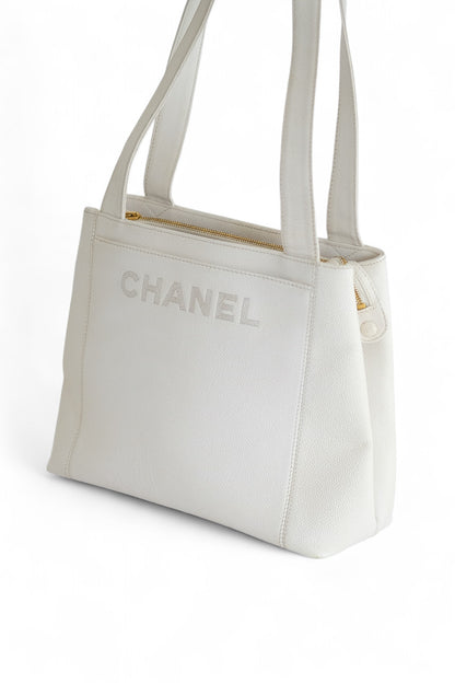 Chanel White Caviar Leather Tote Bag