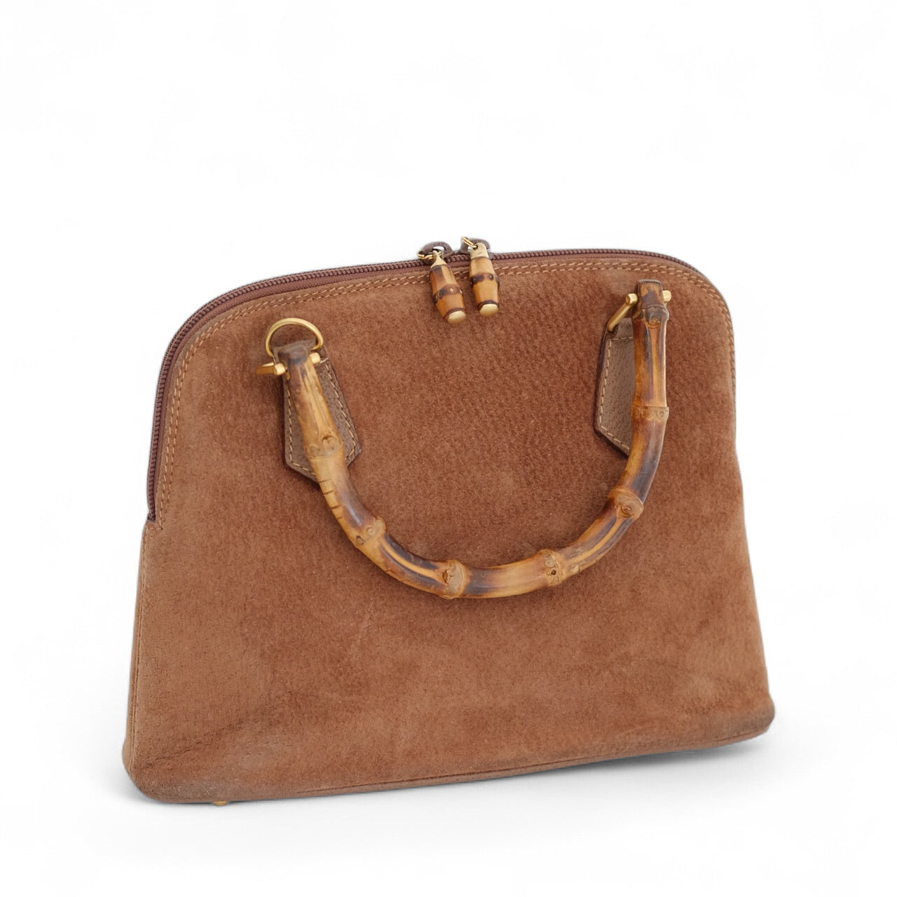 Gucci Brown Suede Bamboo Top Handle Bag