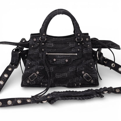 Balenciaga Denim Neo Cagole City XS Black Shoulder Bag