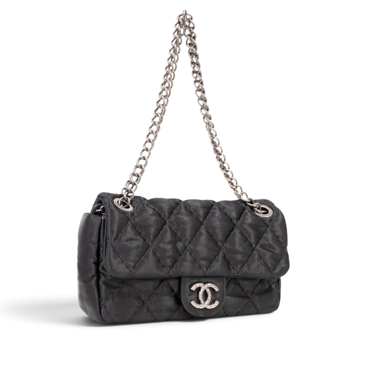 Chanel Black Quilted Satin Classic Flap Bag
